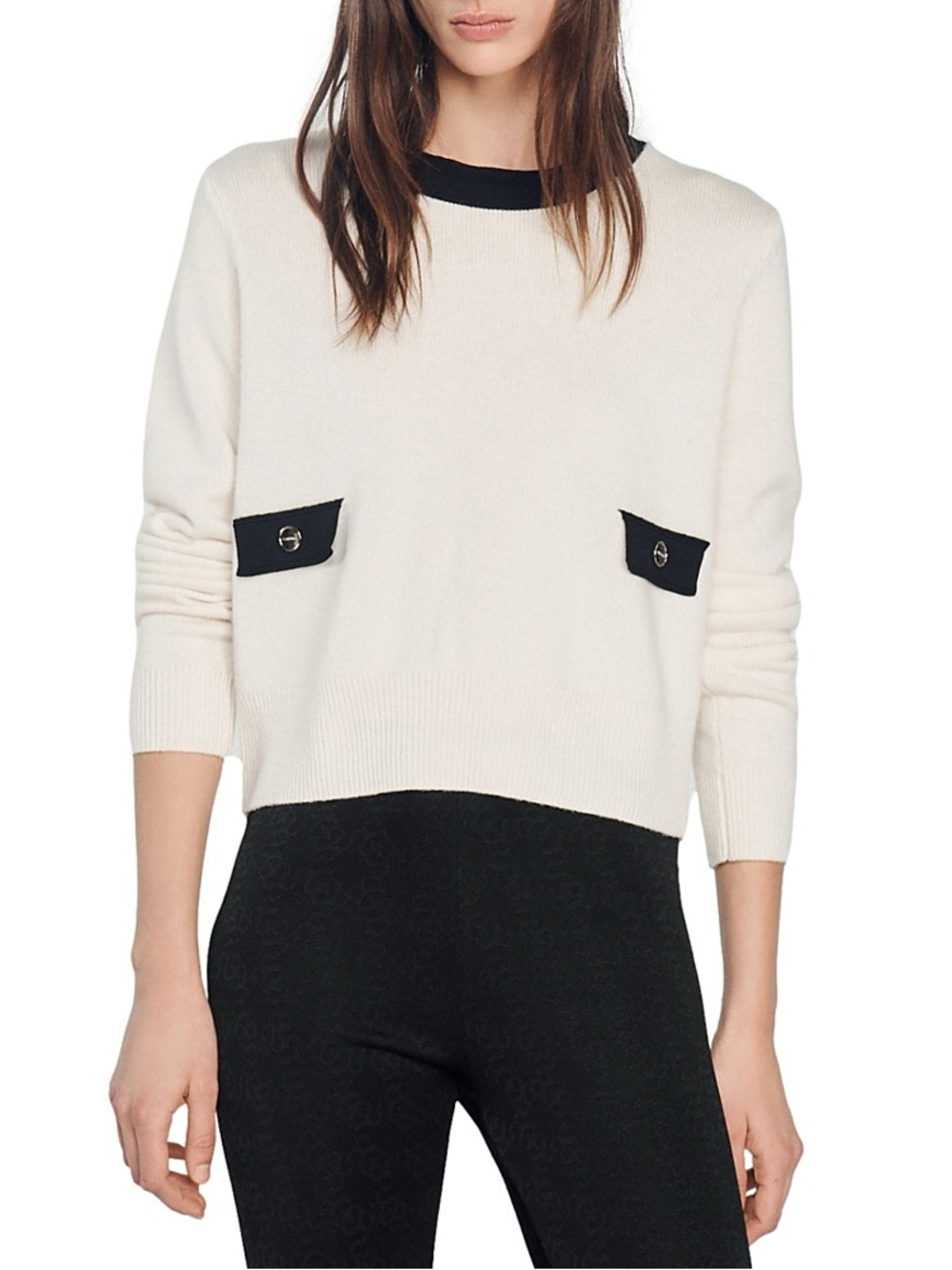 Sandro Cream Crewneck Sweater with Black Trim